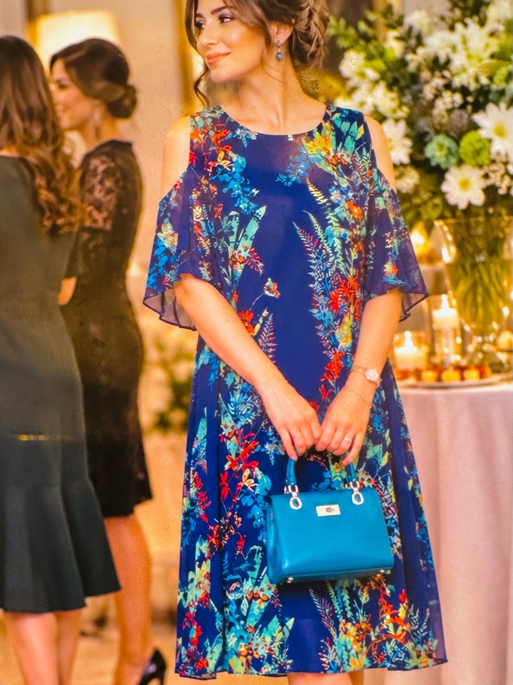City Streets Navy Floral Cold-Shoulder A-Line Dress